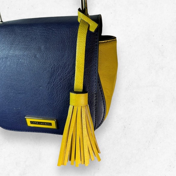 Kate Landry Navy Blue Mustard Yellow Faux Leather Magnetic Crossbody Bag‎ Purse - Picture 7 of 14
